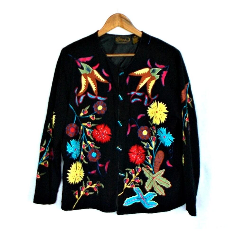 Alex Kin Black Colorful Floral Embroidered Black Blazer Sz Medium
